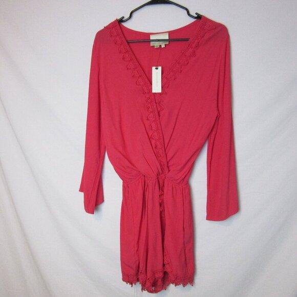 New Anthropologie Elevenses Pink Romper Medium Lace V-Neck Long Sleeves - Picture 1 of 7